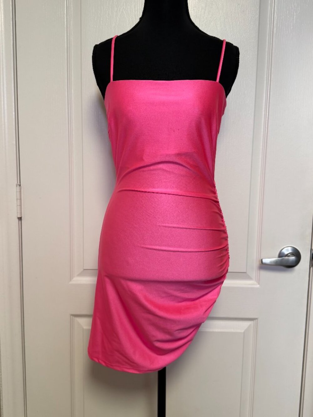 Lovely Day Neon Pink Ruched Bodycon Mini Dress Spaghetti Strap Size M